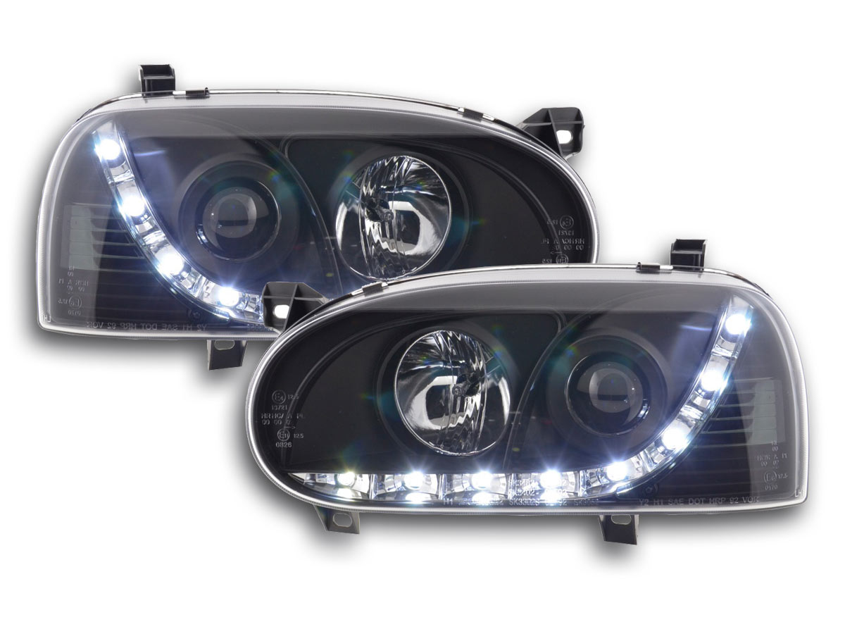 Scheinwerfer Set Daylight LED TFL-Optik VW Golf 3 Typ 1HXO 1EXO  91-97 schwarz